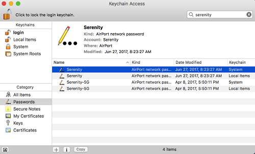 Das Fenster „Schlüsselbundverwaltung“ auf einem Mac mit den Namen mehrerer WLAN-Netzwerke in einer Liste