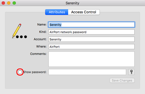 Das Fenster mit den WLAN-Attributen auf einem Mac mit rot umrandetem Kontrollkästchen „Passwort anzeigen“
