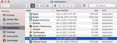 The Applications window on a Mac with the Utilities folder selected
