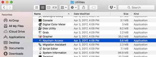 The Utilities window on a Mac with the Keychain Access app selected