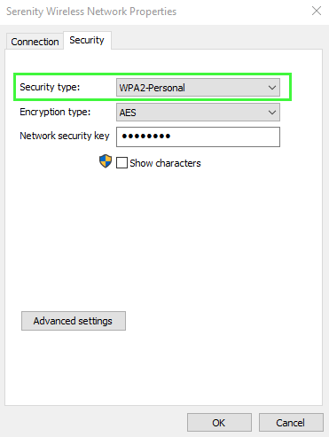 The Wireless Network Properties window on a PC with the security type highlighted in green