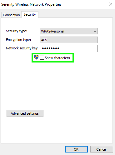 The Security tab of the Wireless Network Properties window on a PC with the Show characters checkbox highlighted in green
