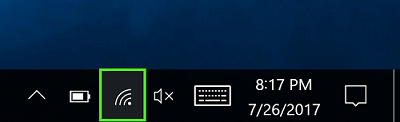 Barre des tâches du PC avec l'icône du Wi-Fi mise en évidence en vert