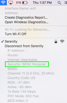Wi-fi-menyn på en Mac med säkerhetstypen markerad i grönt